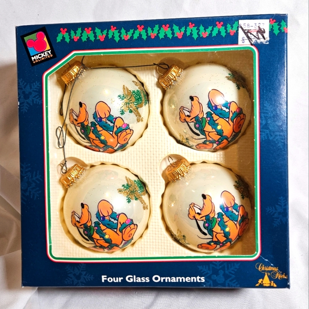 Pluto Hound Dog Disney Mickey Unlimited Four Glass Ornaments Vintage Box Set